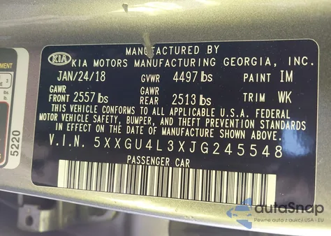 2018 Kia Optima Ex z USA, uszkodzony, nr VIN 5XXGU4L3XJG245548